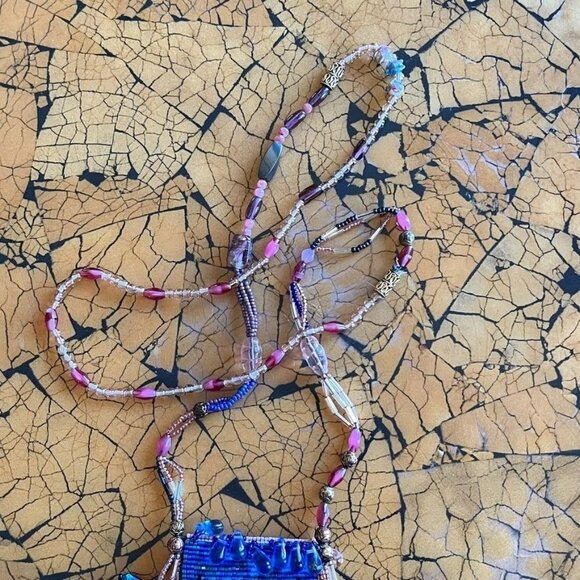 Hand Woven Bead Pouch Necklace Reversible Hummingbird Cat Cottage Boho Trinket - Picture 13 of 16